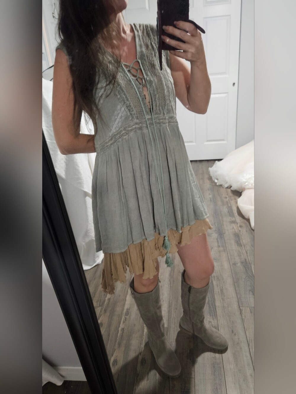 Sleeveless Lace-Up Boho Tunic in Sage Green